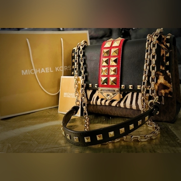 Michael Kors Handbags - Michael Kors Cece Medium Logo Mixed-Media Convertible Black & Red Studded Bag